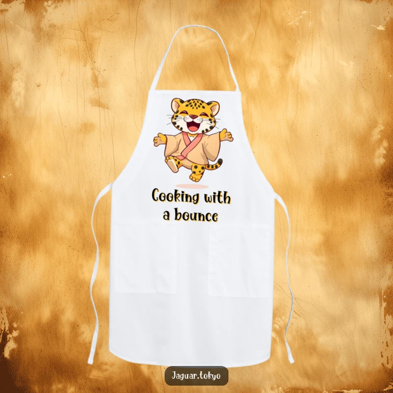 Joyful Apron depicting a playful jaguar in a colorful kimono, jumping with glee, making cooking and baking a lively, fun experience.