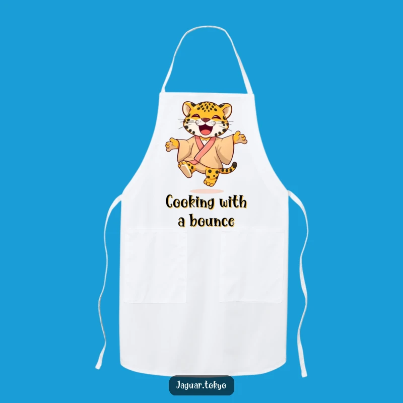 Joyful Jaguar Kimono Apron: Playful Feline Chef Jumping with Glee