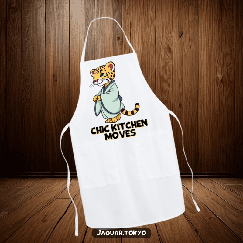 Elegant Apron depicting a refined jaguar in a simple kimono, gracefully twirling, adding sophistication to kitchen tasks.