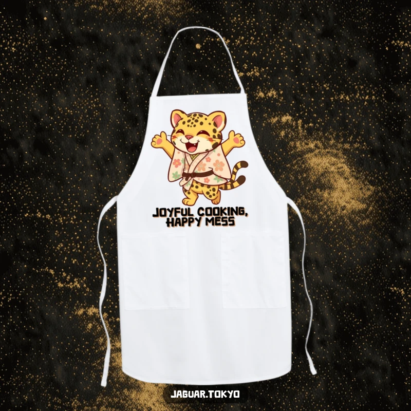 Funny Jaguar Apron, a joyful jaguar in a floral kimono leaps with an elegant flourish, stylish kitchen protection with cheerful humor.