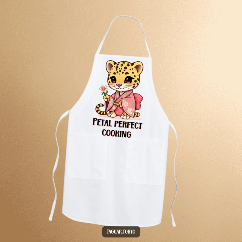 Funny cute jaguar apron, an adorable jaguar in a floral kimono presenting a flower while cooking.