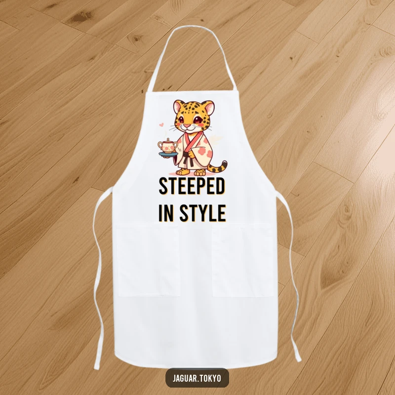 Funny Apron featuring a jaguar in a kimono, humorously balancing a delicate tea set, designed for kitchen fun and style.