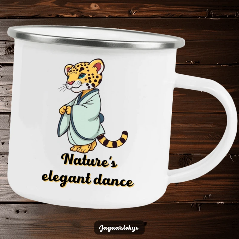 Elegant Camping Mug of a refined jaguar in a simple kimono, gracefully twirling, ready for outdoor enjoyment with feline grace.