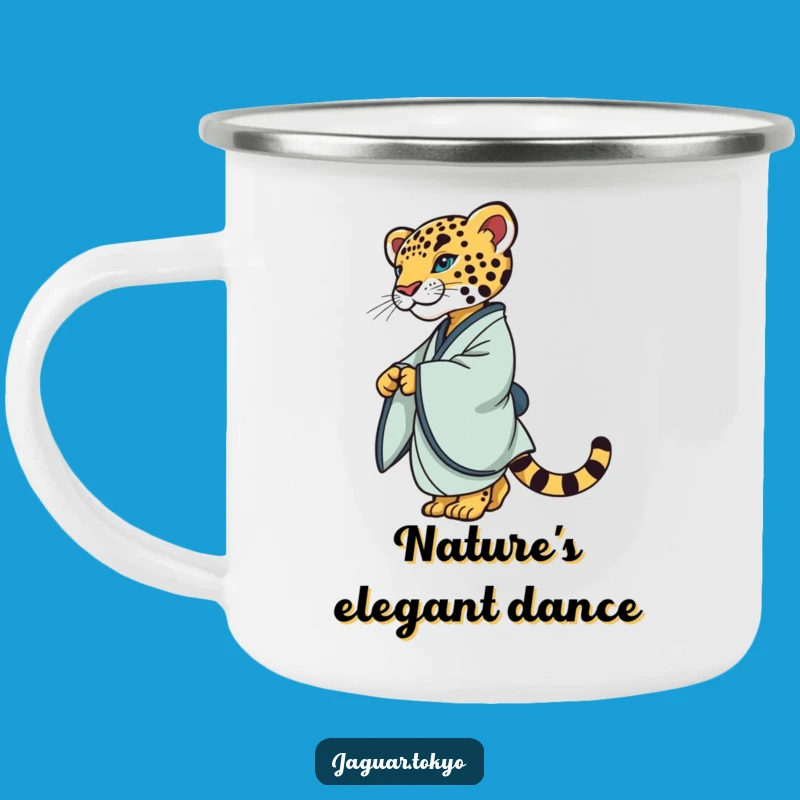 Elegant Jaguar Kimono Camping Mug: Refined Feline Twirling Gracefully Outdoors