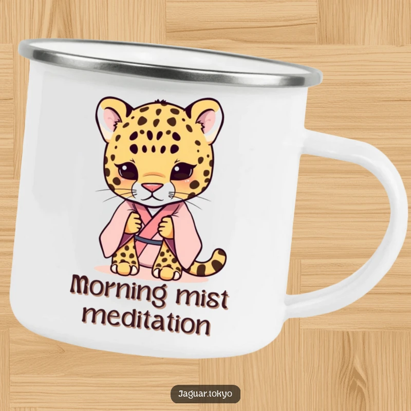 Funny shy jaguar in a pastel kimono, ready for adventure, on a durable camping mug. Pastel outdoor charm.