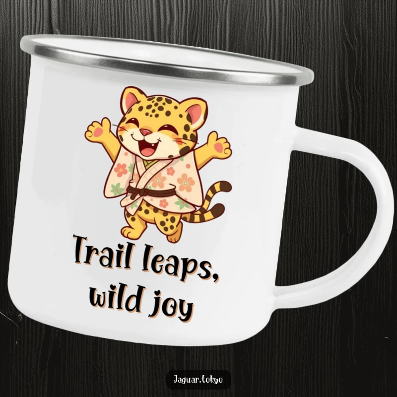 Funny Jaguar Camping Mug, a joyful jaguar in a floral kimono leaps with an elegant flourish, perfect for outdoor adventures with cheerful humor.