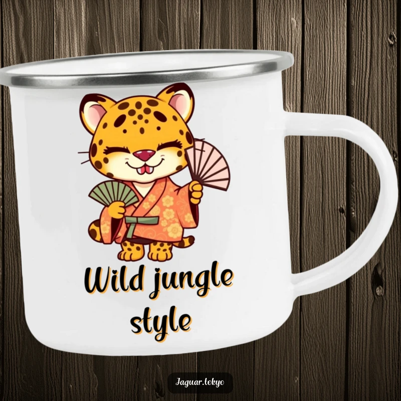 Funny jaguar camping mug, a stylized jaguar in a kimono holding a fan, ready for adventure.