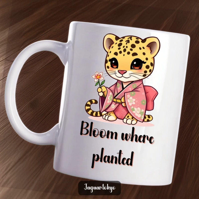 Funny cute jaguar mug, an adorable feline wearing a floral kimono, gracefully presenting a small, delicate flower.