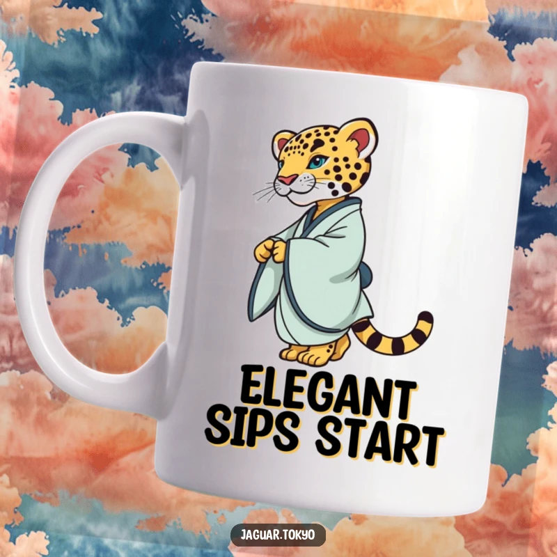 Elegant Mug featuring a sophisticated jaguar animal in a simple kimono, gracefully twirling with poise and refined feline charm.