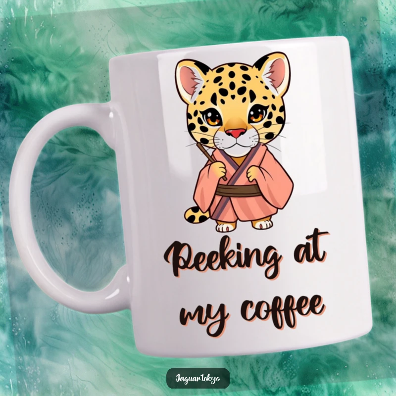 Funny Jaguar Mug featuring a curious jaguar in a striped kimono peering intently through a traditional fan, exuding intrigue and playfulness.