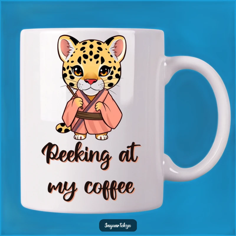 Funny Jaguar Kimono Mug: Curious Peering Feline Gift for Cat Lovers