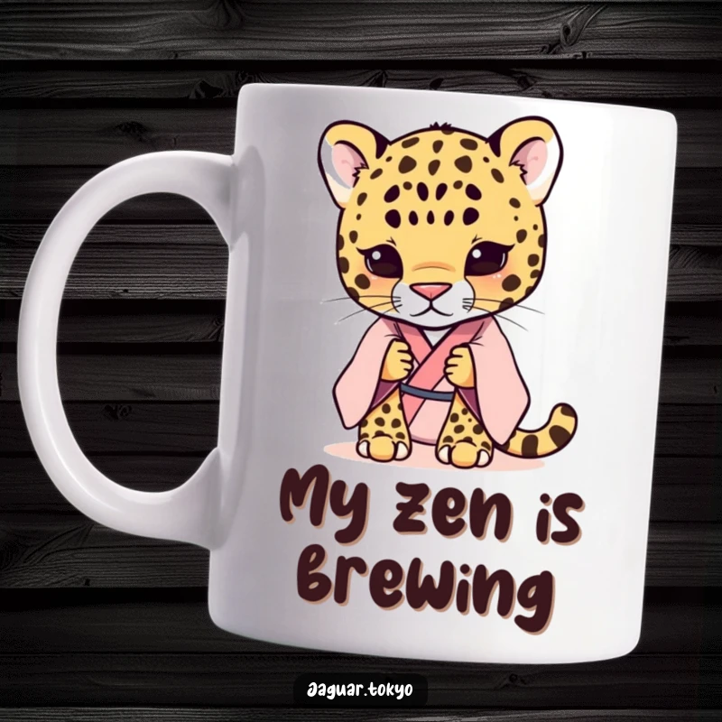 Funny shy jaguar in a pastel kimono, head dipped with a soft gaze, sipping coffee from a mug. Peaceful and cute.