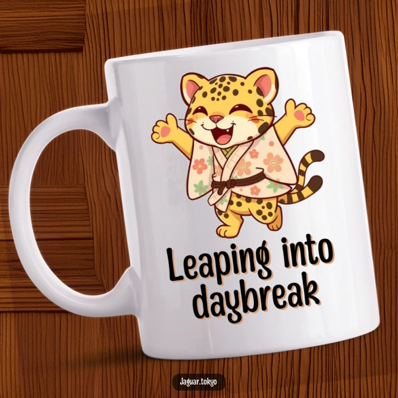 Funny Jaguar Mug featuring a joyful jaguar in a floral kimono leaping with an elegant flourish, conveying happiness and energy.