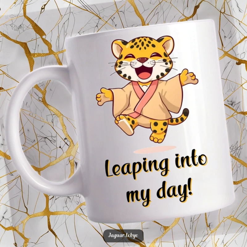 Joyful Mug featuring a playful jaguar animal in a brightly colored kimono, jumping exuberantly with pure, unadulterated glee.
