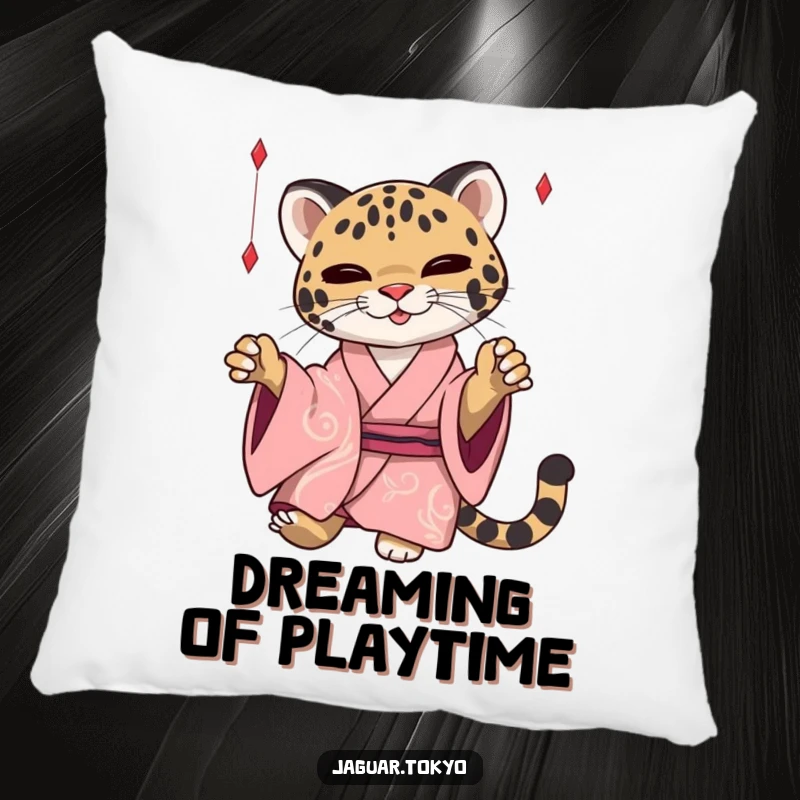 Funny Jaguar Pillow, a sleek jaguar in a kimono playfully batting at threads, perfect for cozying up with a touch of humor.