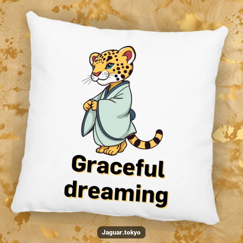 Sophisticated Pillow with a refined jaguar in a simple kimono, gracefully twirling, offering comfort with elegant feline charm.