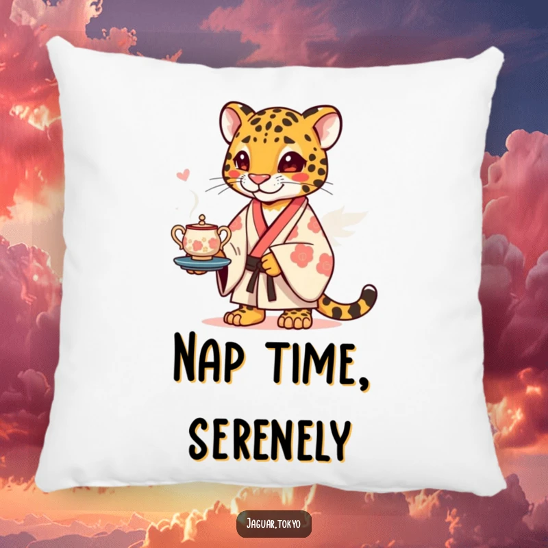 Funny Pillow showcasing a playful jaguar in a traditional kimono, humorously attempting to balance a stylized tea set, perfect for comfort.
