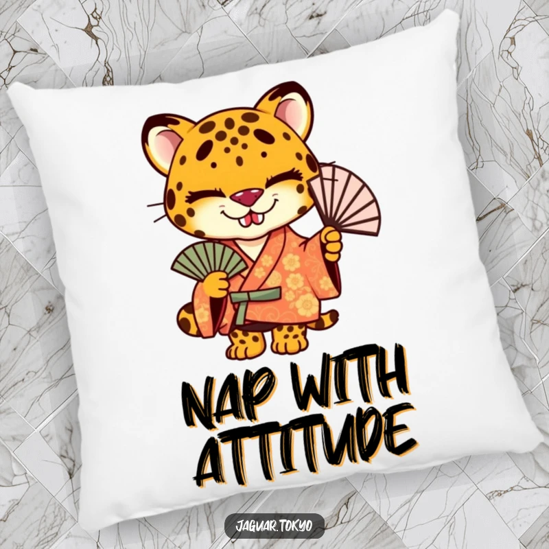 Funny jaguar pillow, a stylized jaguar in a patterned kimono holding a fan, exuding a mischievous charm.