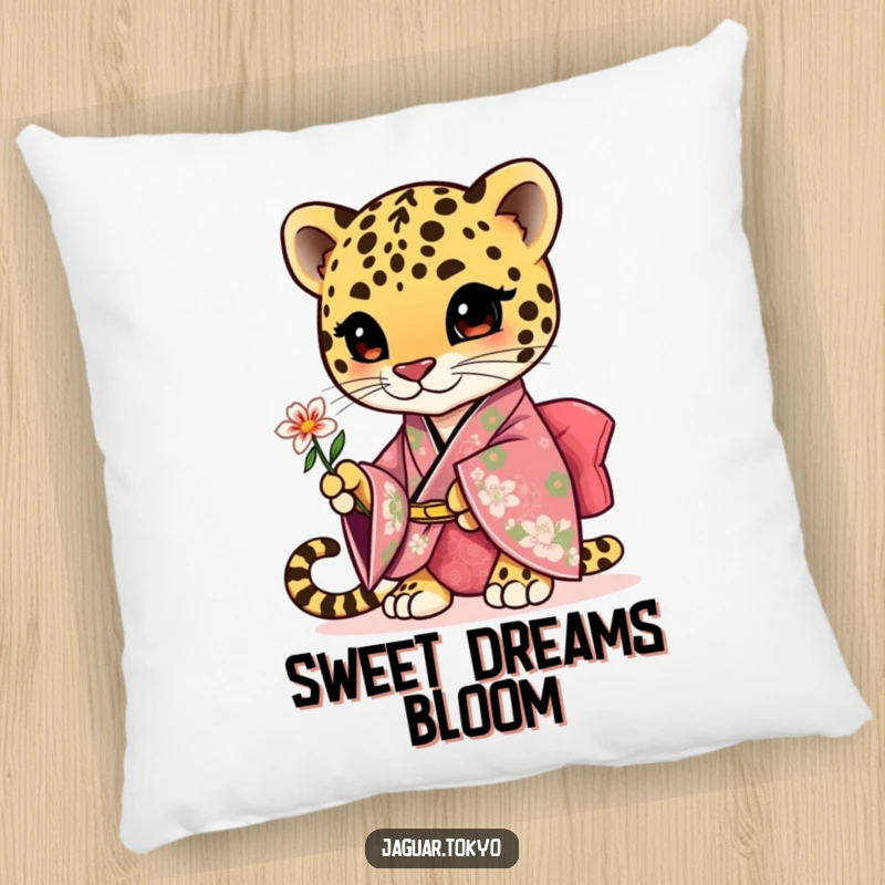 Funny cute jaguar pillow, an adorable jaguar in a floral kimono presenting a small flower.