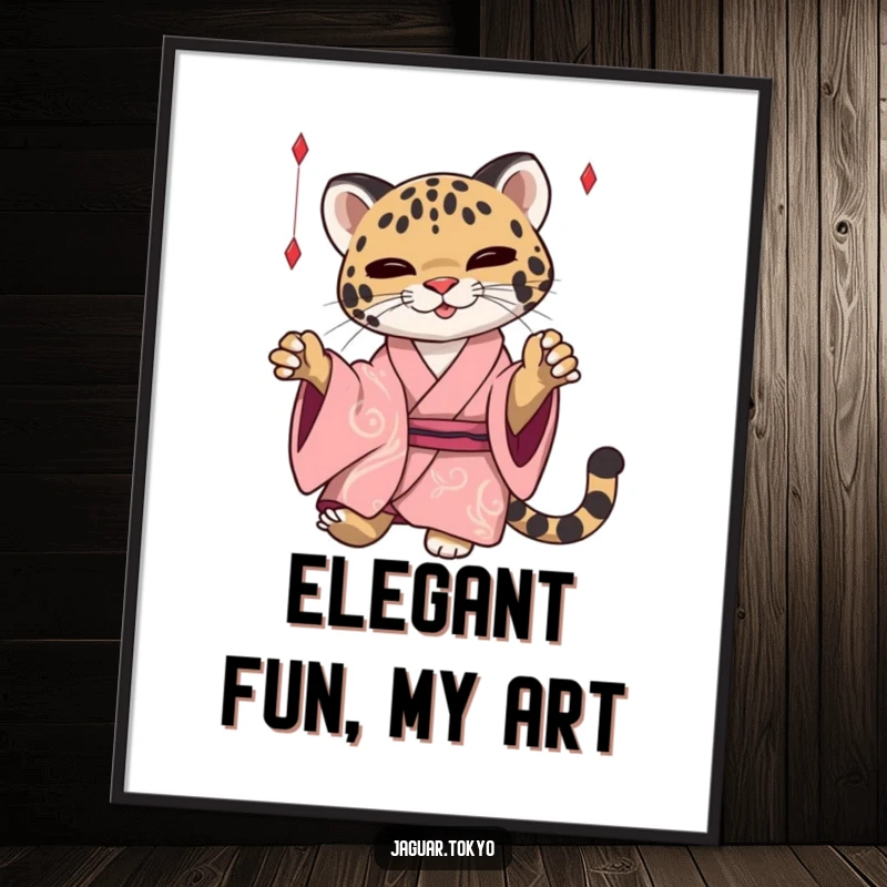 Funny Jaguar Digital Art, a sleek jaguar in a kimono batting threads, high-resolution printable for instant elegant and humorous decor.