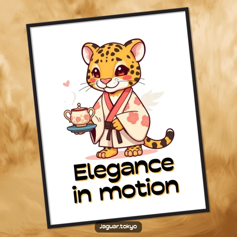 Funny Digital Art Print of a jaguar in a kimono balancing a stylized tea set, offering instant whimsical decor and humor.