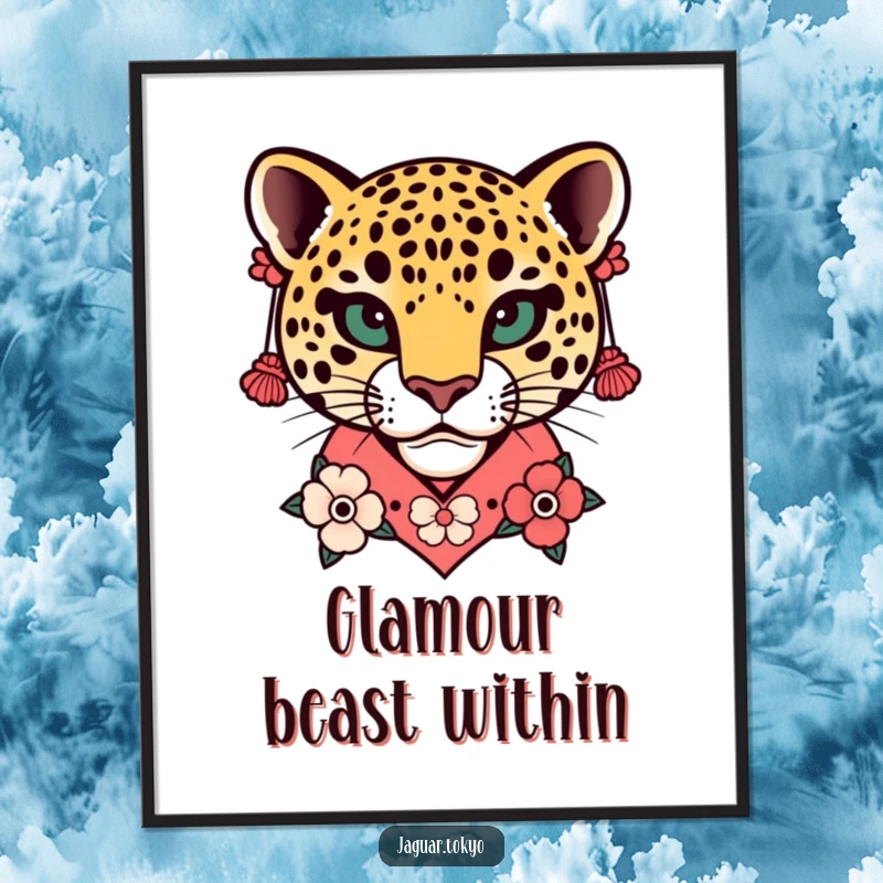 Funny Floral Jaguar Head Kimono Digital Art Print of a stylized jaguar head with floral kimono collar and detailed earrings.