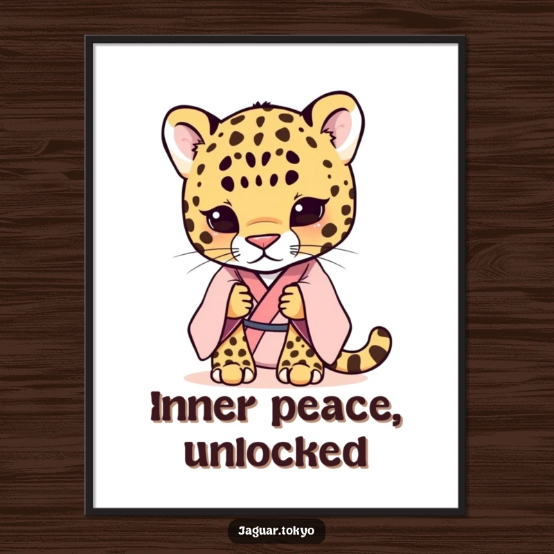 Funny shy jaguar in a pastel kimono, head dipped softly. Pastel colors. Digital art print.