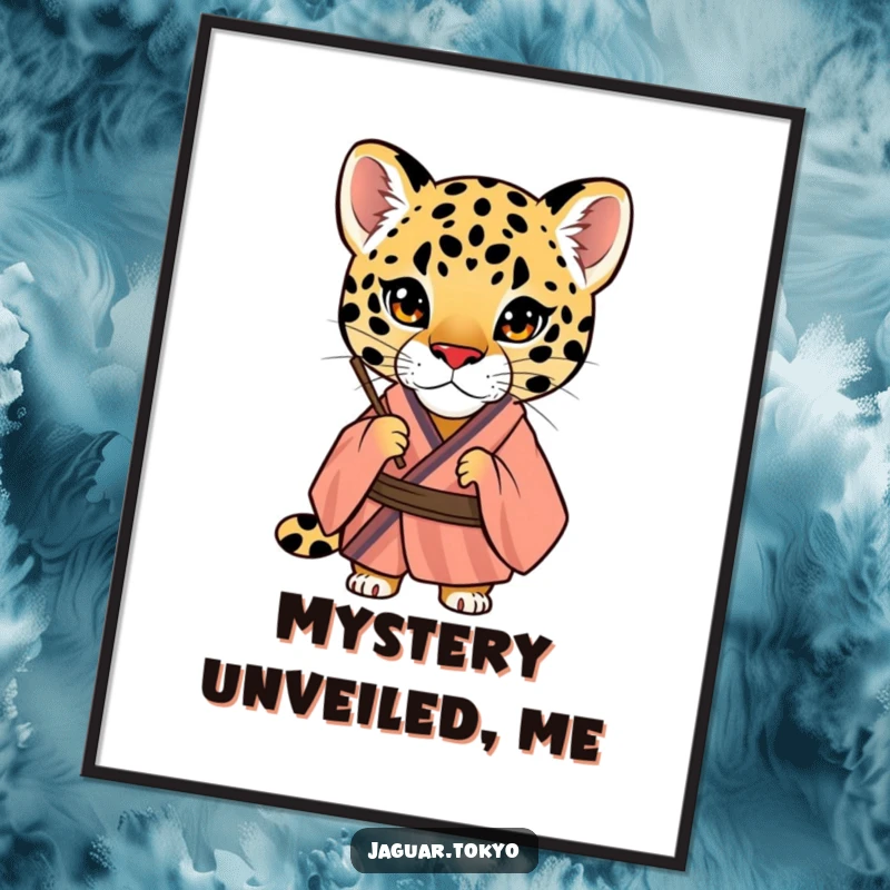 Funny Jaguar Digital Art, a curious jaguar in a striped kimono peering through a fan, high-resolution printable for instant intriguing decor.