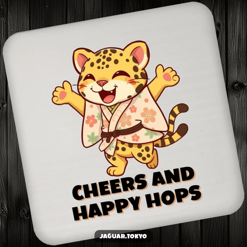 Funny Jaguar Drink Coaster, a joyful jaguar in a floral kimono leaps with an elegant flourish, offering stylish protection with cheerful humor.