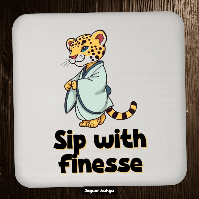 Chic Coaster with a refined jaguar in a simple kimono, gracefully twirling, protecting surfaces with feline elegance.