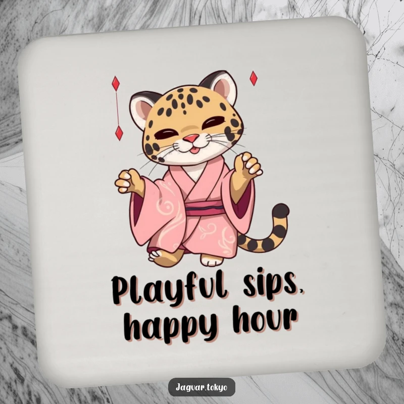 Funny Jaguar Drink Coaster, a sleek jaguar in a kimono playfully batting threads, offering stylish protection with a humorous touch.
