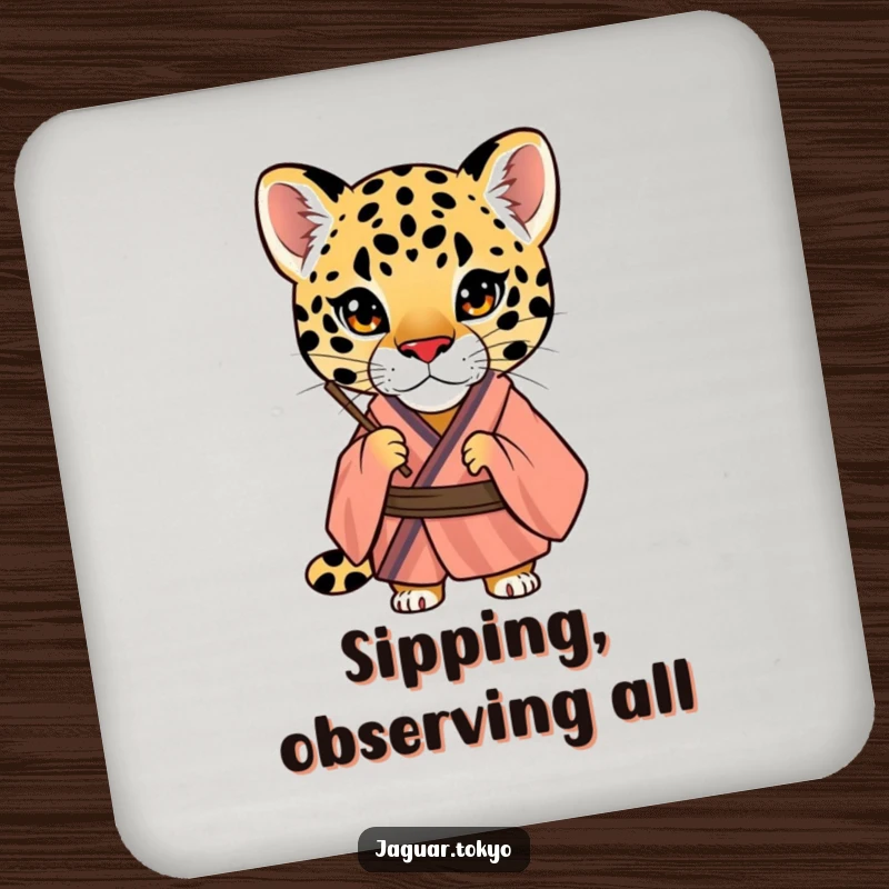 Funny Jaguar Drink Coaster, a curious jaguar in a striped kimono peers through a fan, offering stylish protection with intriguing humor.