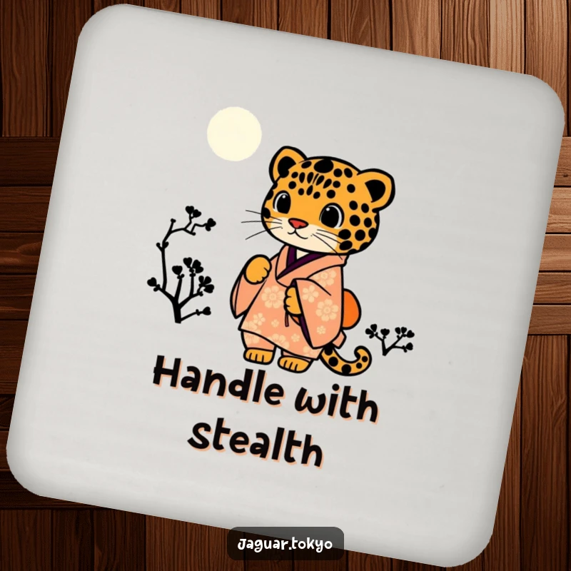 Funny Jaguar Kimono Coaster featuring a silhouetted jaguar in a kimono against a starry night sky.