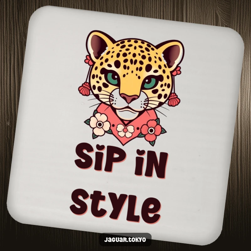 Funny Floral Jaguar Head Kimono Coaster featuring a stylized jaguar head adorned with a floral kimono collar and earrings.