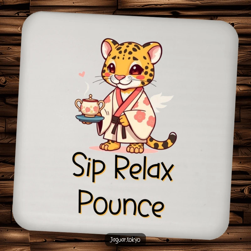Funny Drink Coaster featuring a jaguar in a kimono humorously balancing a stylized tea set, protecting surfaces with charm.