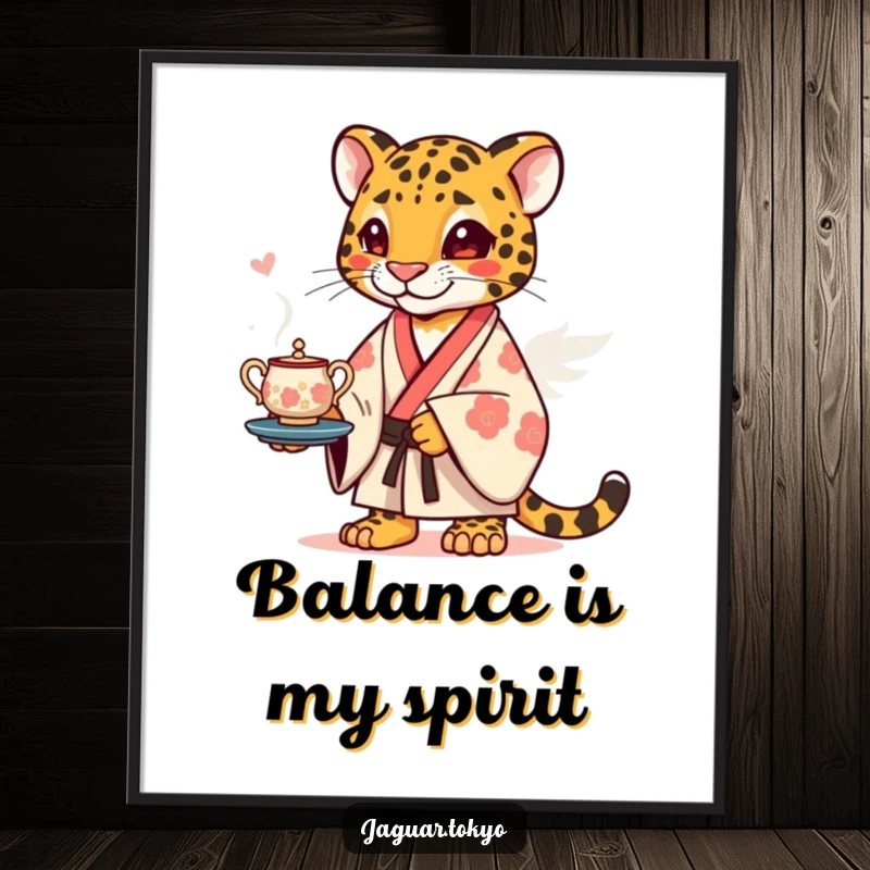 Funny Poster print of a jaguar in a kimono, humorously balancing a stylized tea set, adding a quirky artistic touch to decor.