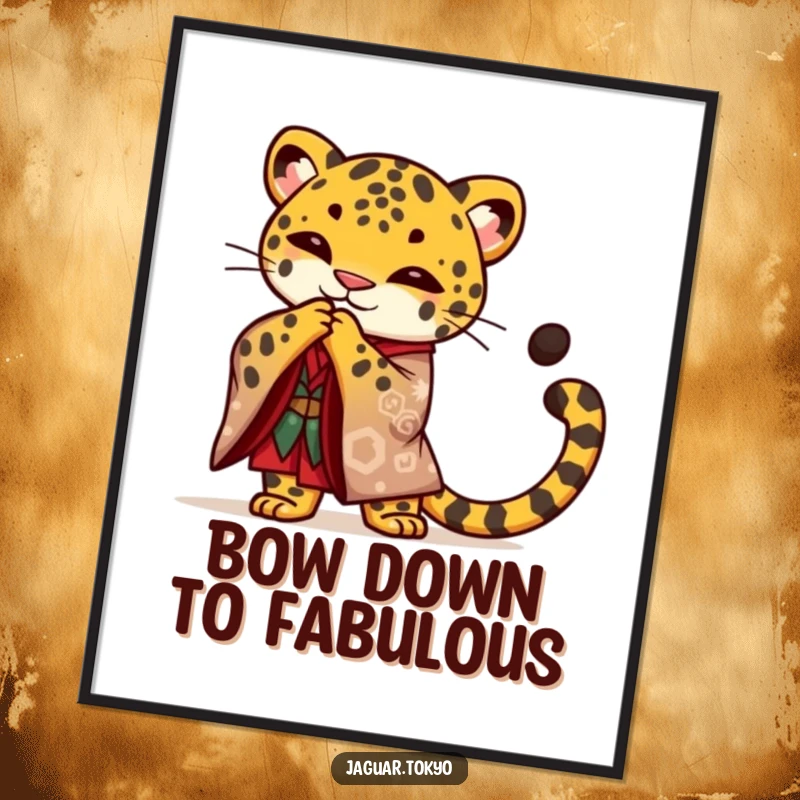 Funny Jaguar Poster, a proud jaguar in a kimono bows gracefully with its tail curled, adding majestic humor to any wall.