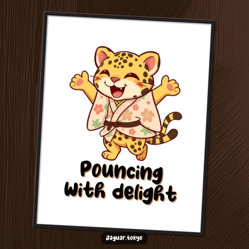 Funny Jaguar Poster, a joyful jaguar in a floral kimono leaps with an elegant flourish, bringing vibrant energy and humor to wall decor.