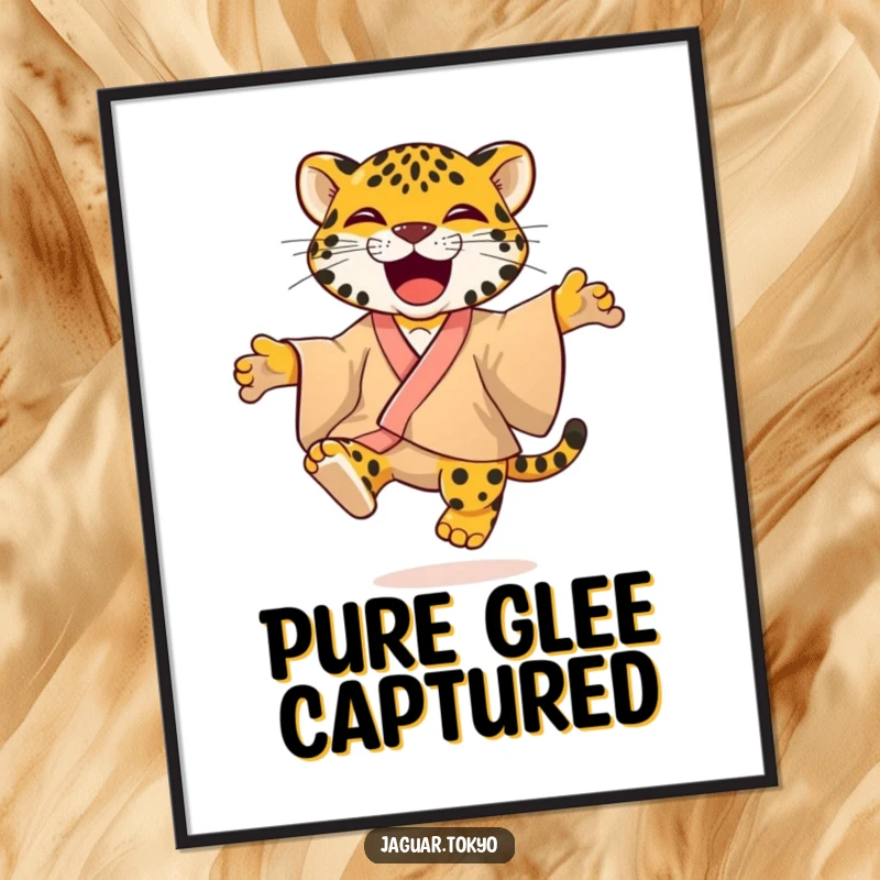 Joyful Poster art of a playful jaguar in a colorful kimono, captured mid-jump with infectious glee and vibrant feline spirit.