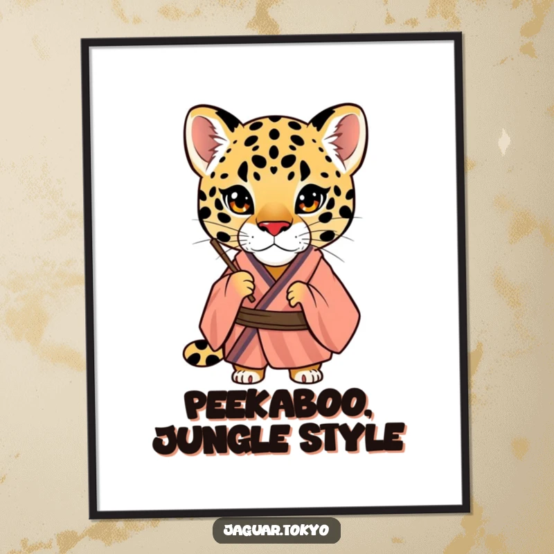 Funny Jaguar Poster, a curious jaguar in a striped kimono peers through a traditional fan, adding intriguing humor to wall decor.