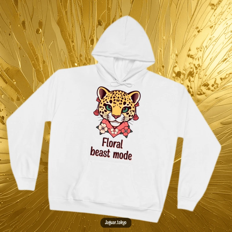Funny Floral Jaguar Head Kimono Hoodie showcasing a stylized jaguar head adorned with a detailed floral kimono collar and earrings.