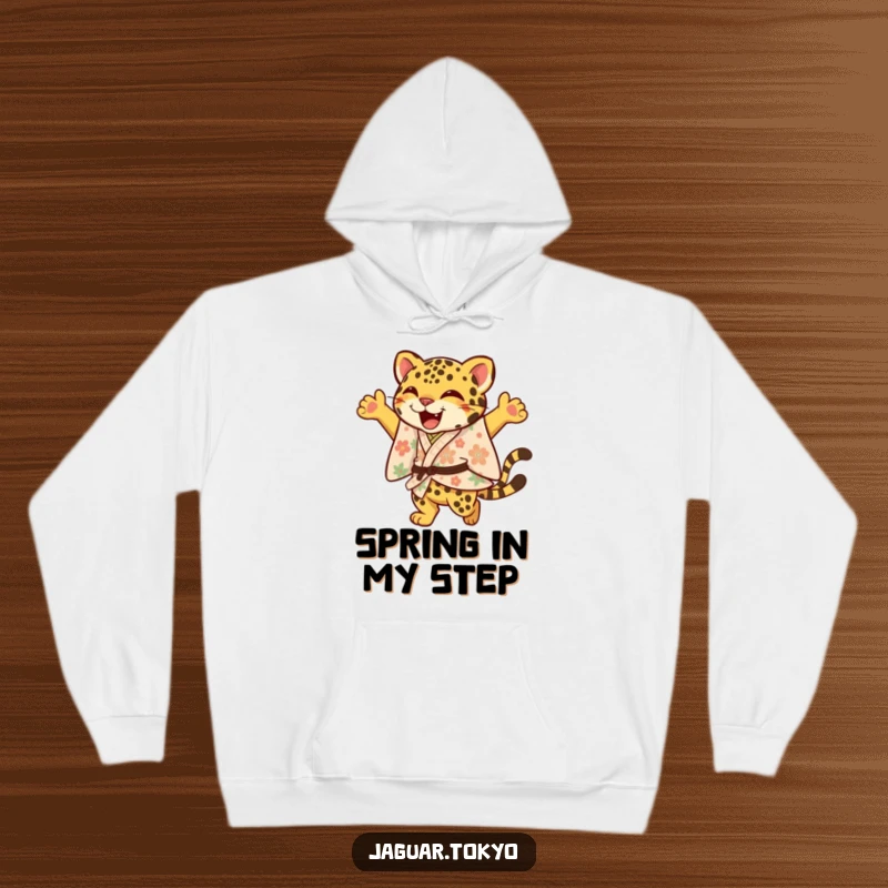 Funny Jaguar Hoodie, a joyful jaguar in a floral kimono leaps with an elegant flourish, offering warmth and a burst of cheerful energy.
