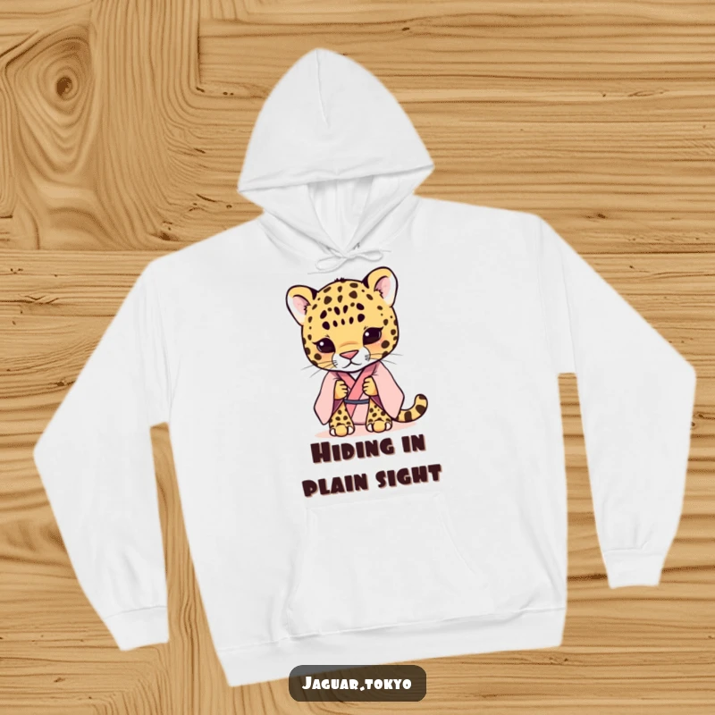 Funny shy jaguar in a pastel kimono, depicted on a warm, cozy hoodie. Soft gaze and shy demeanor.