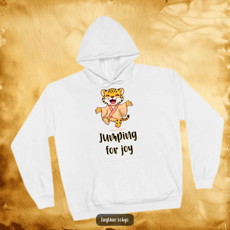Cozy Hoodie with a playful jaguar in a colorful kimono, jumping with glee, blending comfort with vibrant feline energy.