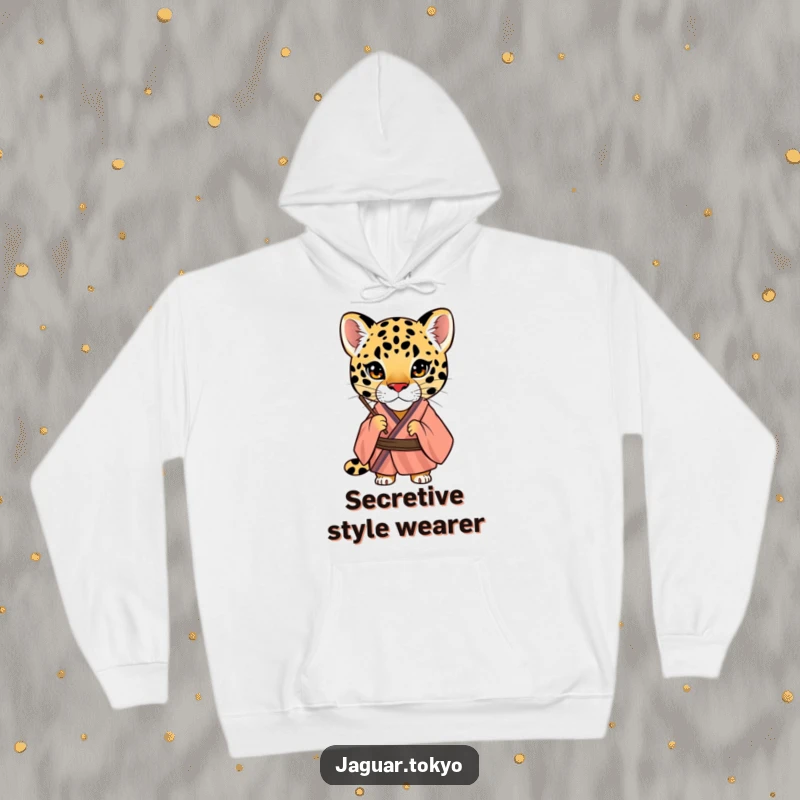 Funny Jaguar Hoodie, a curious jaguar in a striped kimono peers through a fan, offering warmth and an air of intriguing humor.