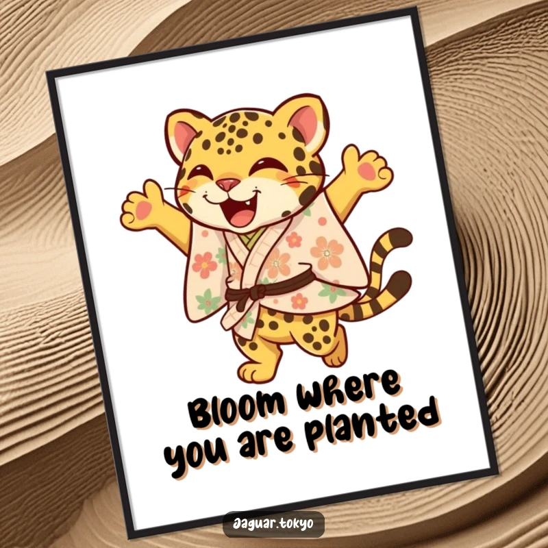Funny Free Printable Wall Art: A joyful jaguar in a floral kimono leaps with an elegant flourish, adding vibrant fun.