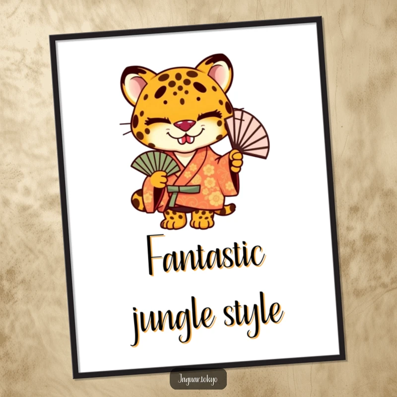 Funny Free Printable Wall Art: A stylized jaguar with a mischievous grin wears a vibrant kimono.