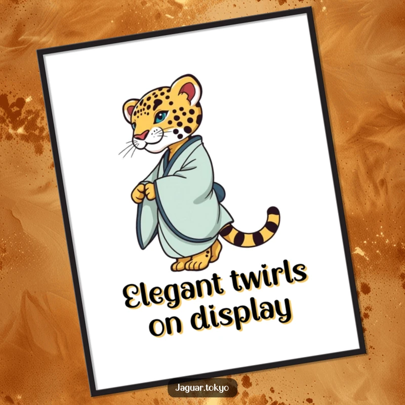 Elegant Free Printable Wall Art: A jaguar in a simple, refined kimono is captured mid-twirl with graceful poise.