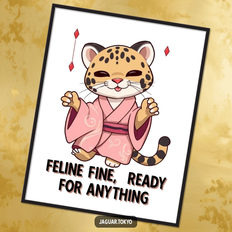 Funny Free Printable Wall Art: A sleek jaguar in a silken kimono playfully bats at threads, adding chic fun to your decor.