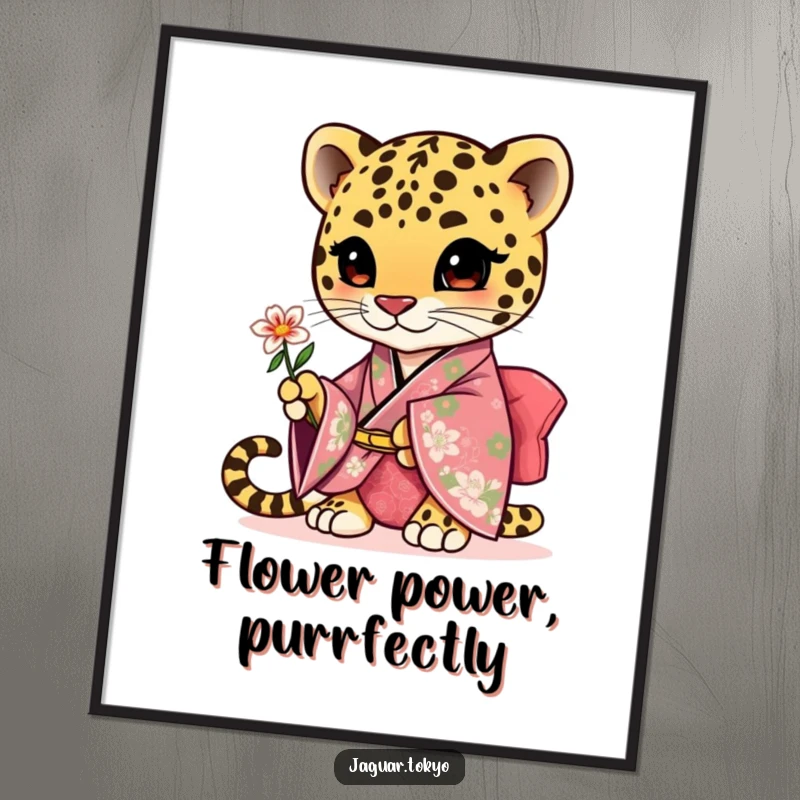 Funny Free Printable Wall Art: A cute jaguar in a floral kimono gracefully presents a single small flower.